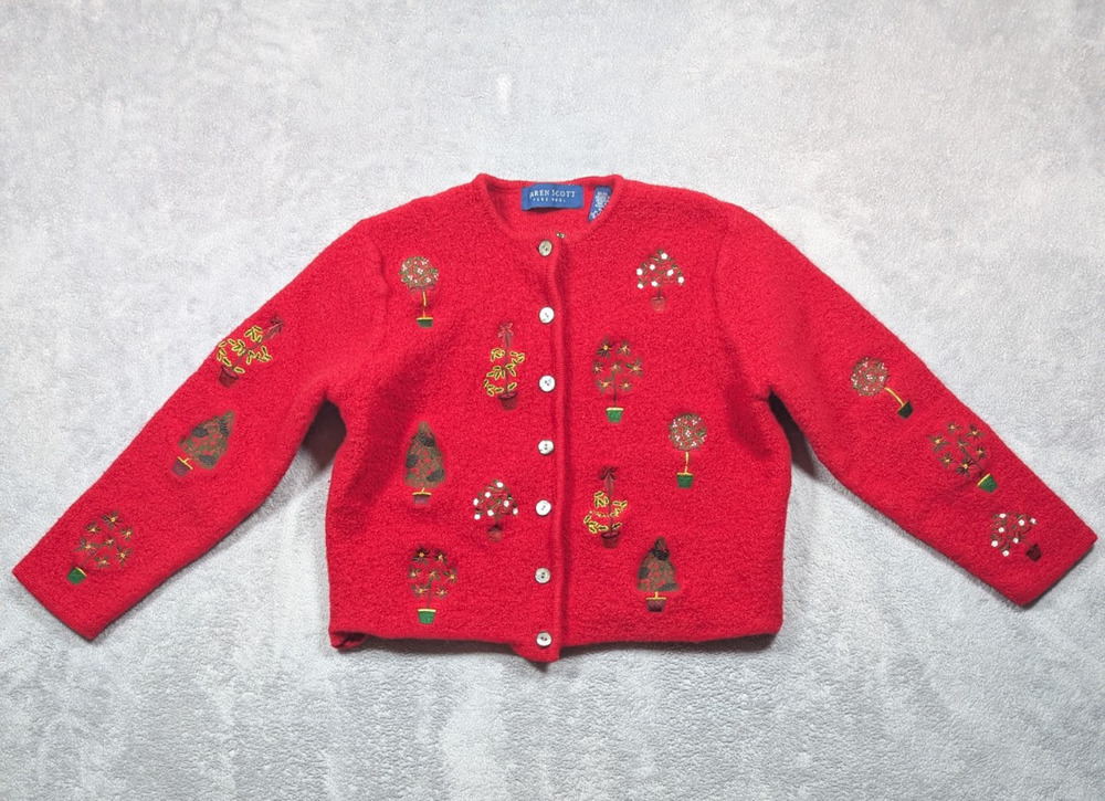 Karen Scott Cardigan Sweater Womens XL Red Floral Grannycore Preppy